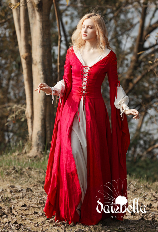 伯爵夫人シリーズ　中世ヨーロッパのレトロなファンタジー赤いドレス　ナチュラルリネンスカート