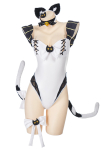Sexy Lingerie Set Two-tailed Cat Onesies Bowknot Crossover Strap Bodysuit Costume Outfit with Wristlets and Hair Band