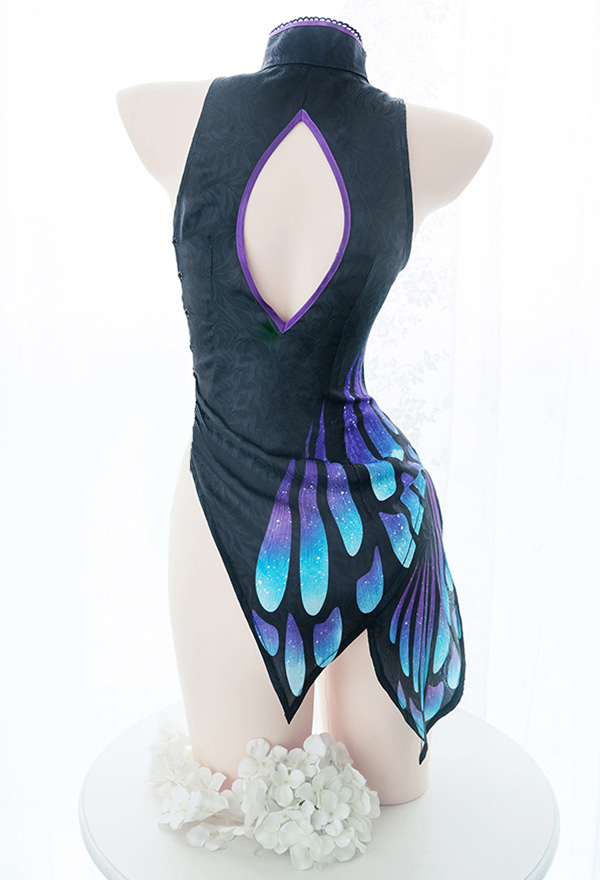 女性 ヴィンテージ 刺繡 セクシー 中空 ディープV ストラップ チャイナドレス