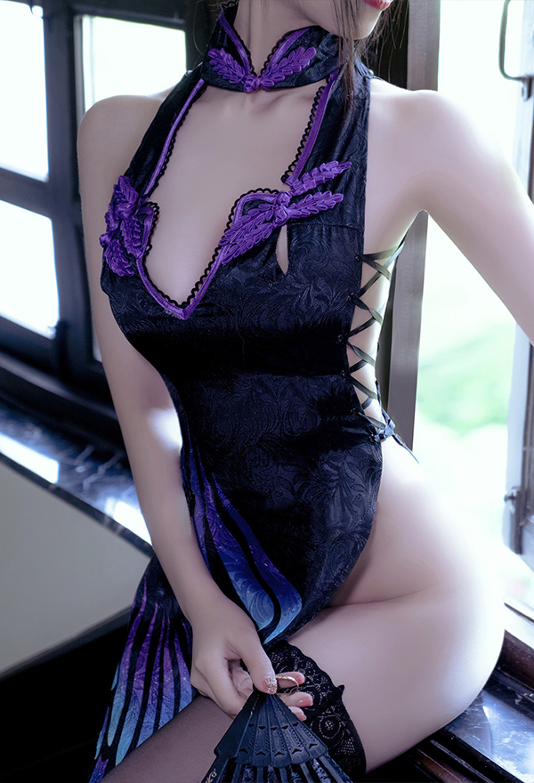 女性 ヴィンテージ 刺繡 セクシー 中空 ディープV ストラップ チャイナドレス