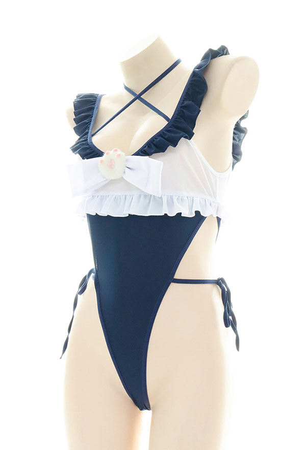 女性 セクシー 猫の足で飾られた フリル ボディスーツ 衣装