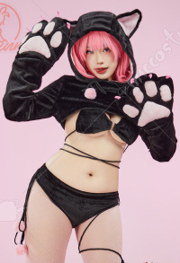 猫 可愛い  ホームウェア 下着 獣人 肉球 手袋付き 黒＆ピンク