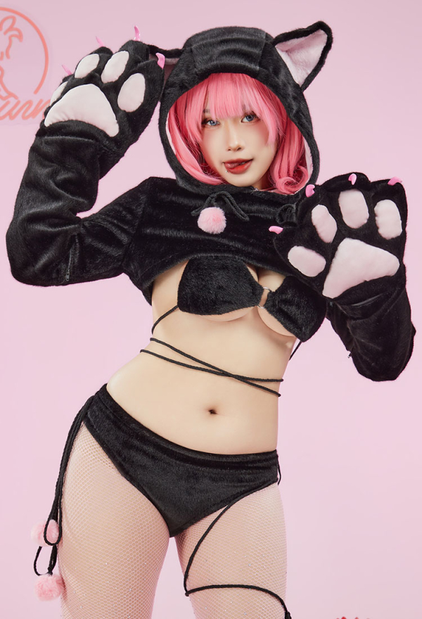 猫 可愛い  ホームウェア 下着 獣人 肉球 手袋付き 黒＆ピンク