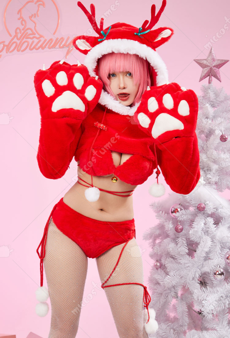 クリスマス 可愛い トナカイ コスプレ 長袖 肉球 手袋付き ホームウェア 赤色