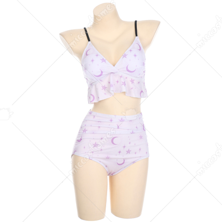 紫色星月荷叶摆泳衣套装