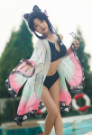 ®Haikyuu KNY Shinobu Dereviated Splitted Swimsuit Vest and Shorts Swimwear Bathing Suit Outfit with Strapped Butterfly-Printed Kimono Haori Cover Up