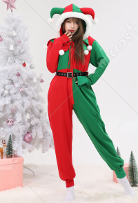 クリスマス ピエロ ジョーカー 可愛い つなぎ パジャマ オールインワン 赤色 緑色