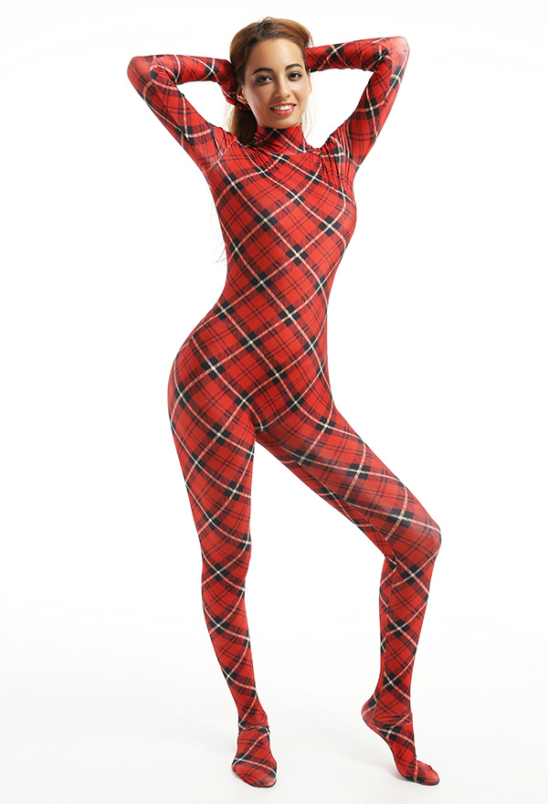 女性 大人 ハロウィーン 黒色と赤色の格子柄 ボディスーツ ジャンプスーツ