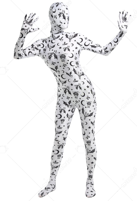 女性 大人 ハロウィーン コスプレ 白色のウモリの柄 ボディスーツ ジャンプスーツ