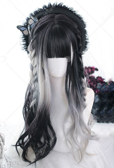 女性ロリータ黒と銀のグラデーションナチュラルウェーブカーリーコスプレウィッグ耐熱繊維長いウェーブのかかった髪